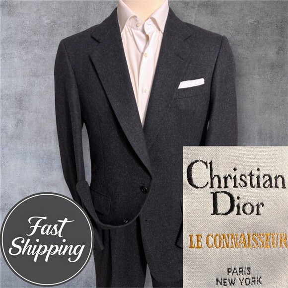 CHRISTIAN DIOR Vintage Mens 2 Piece Suit Blazer 42R Pant 34Wx30 Gray Wool - Picture 1 of 16